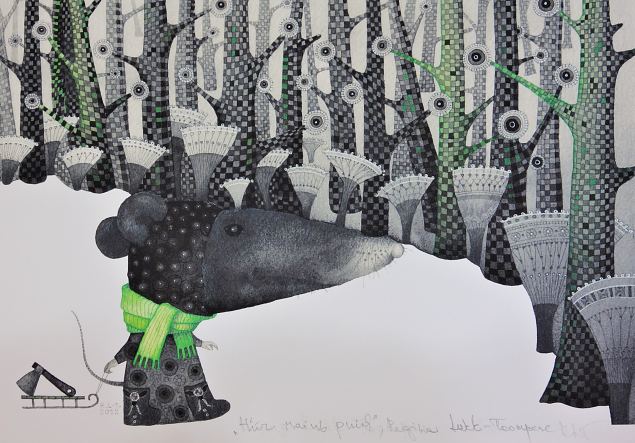Hiir raiub puid (illustratsioon raamatust ''Üle õue õunapuu''), Regina Lukk-Toompere E-kunstisalongis